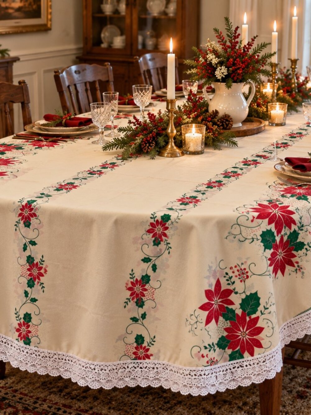 Vintage Christmas Poinsettia Cotton Tablecloth Crochet Lace Trim 112" x 56